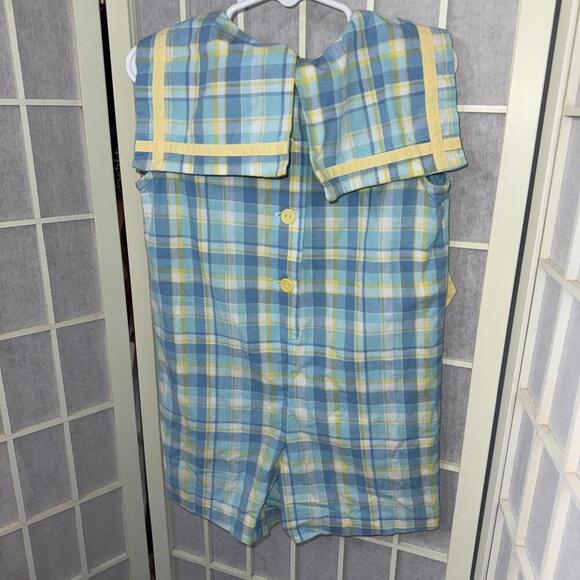 Vintage Rags Land Kids Blue Plaid Gingham Smocked Romper Jon Jon Shortalls 3 - Picture 2 of 14